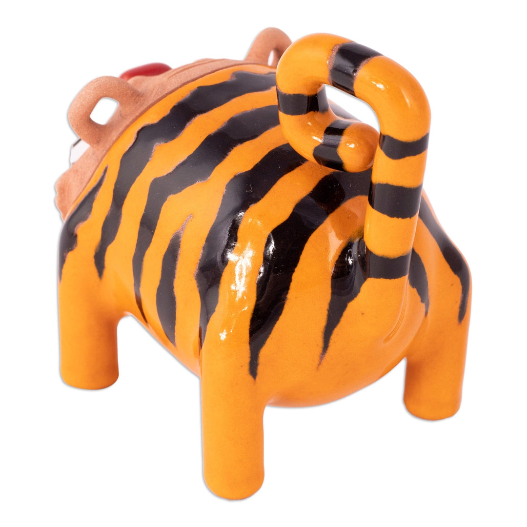 Handcrafted Brown and Orange Tiger Figurine from Uzbekistan - Striped Roars