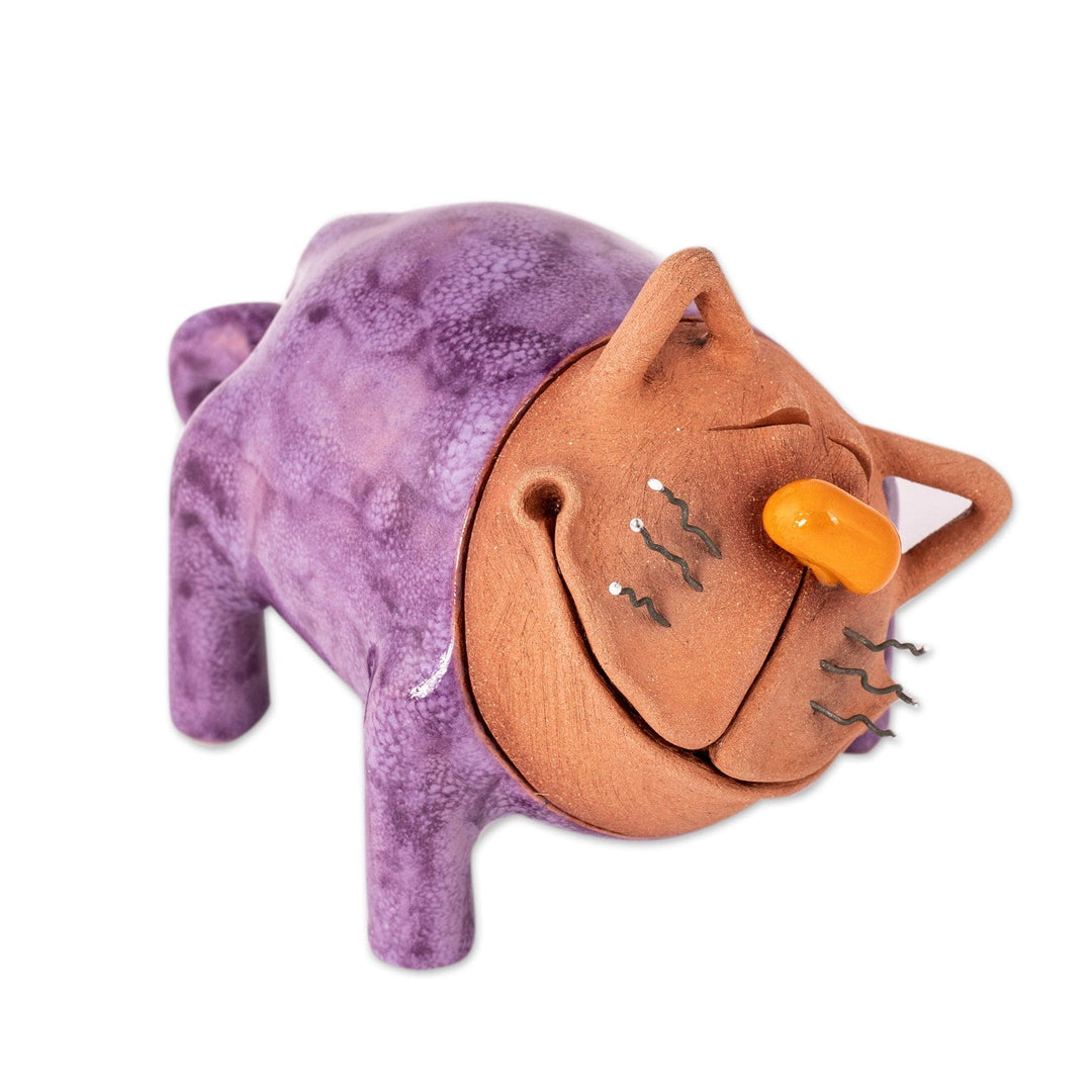 Handcrafted Purple and Brown Ceramic Cat Figurine - Violet Meows