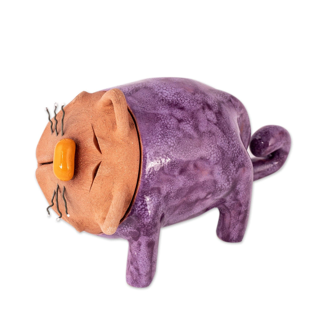 Handcrafted Purple and Brown Ceramic Cat Figurine - Violet Meows