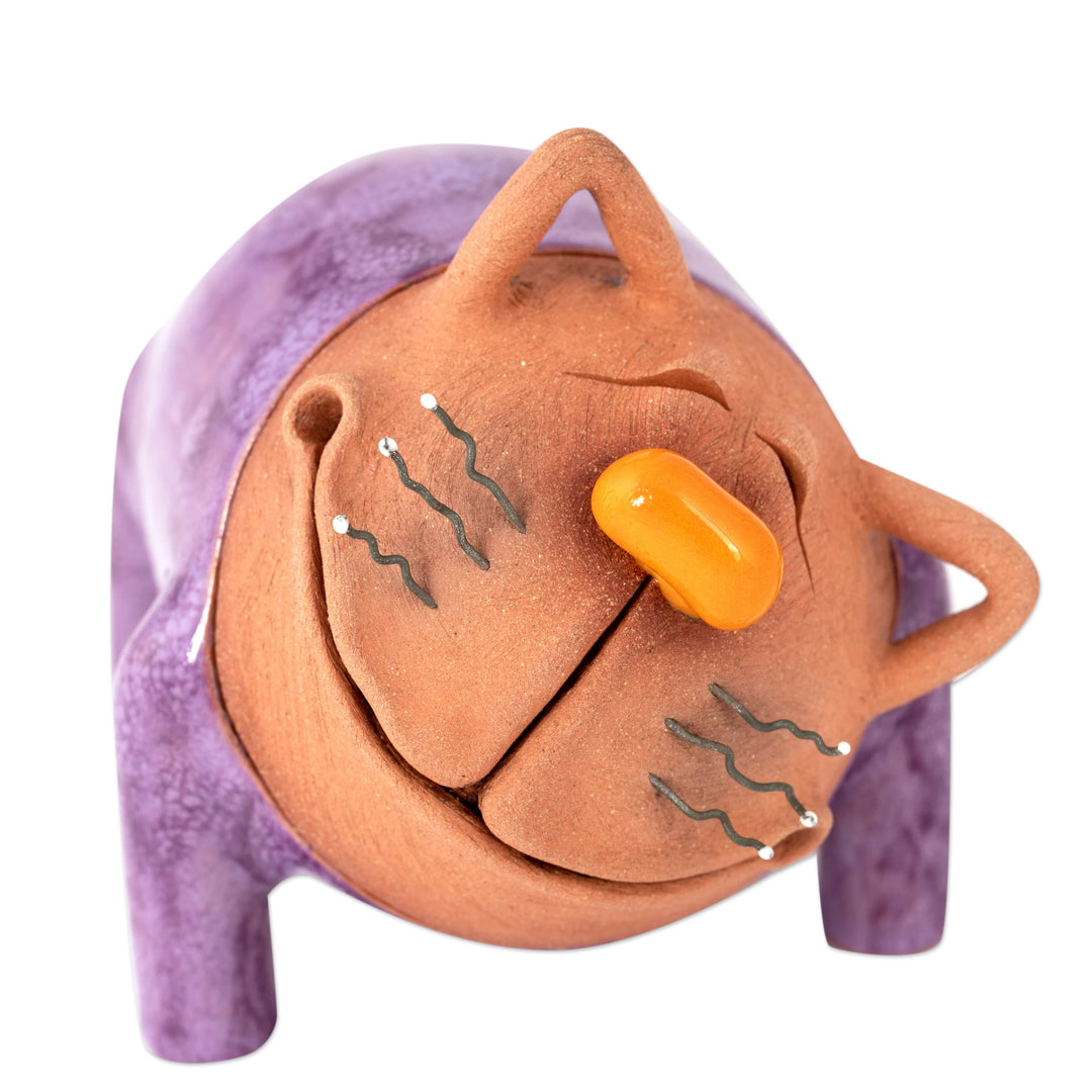 Handcrafted Purple and Brown Ceramic Cat Figurine - Violet Meows