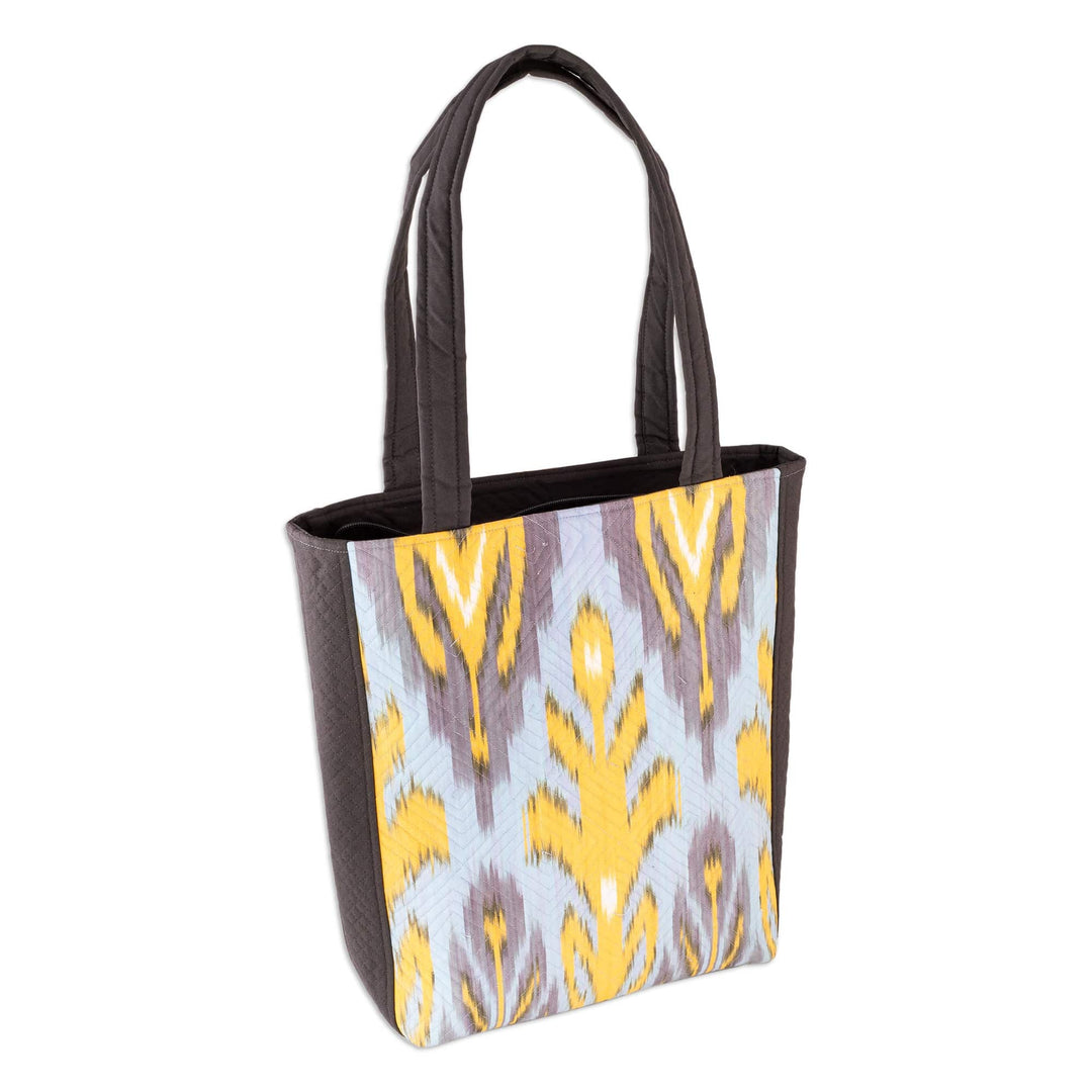 Grey Yellow & Light Blue Traditional Ikat Patterned Tote Bag - Joyfulness