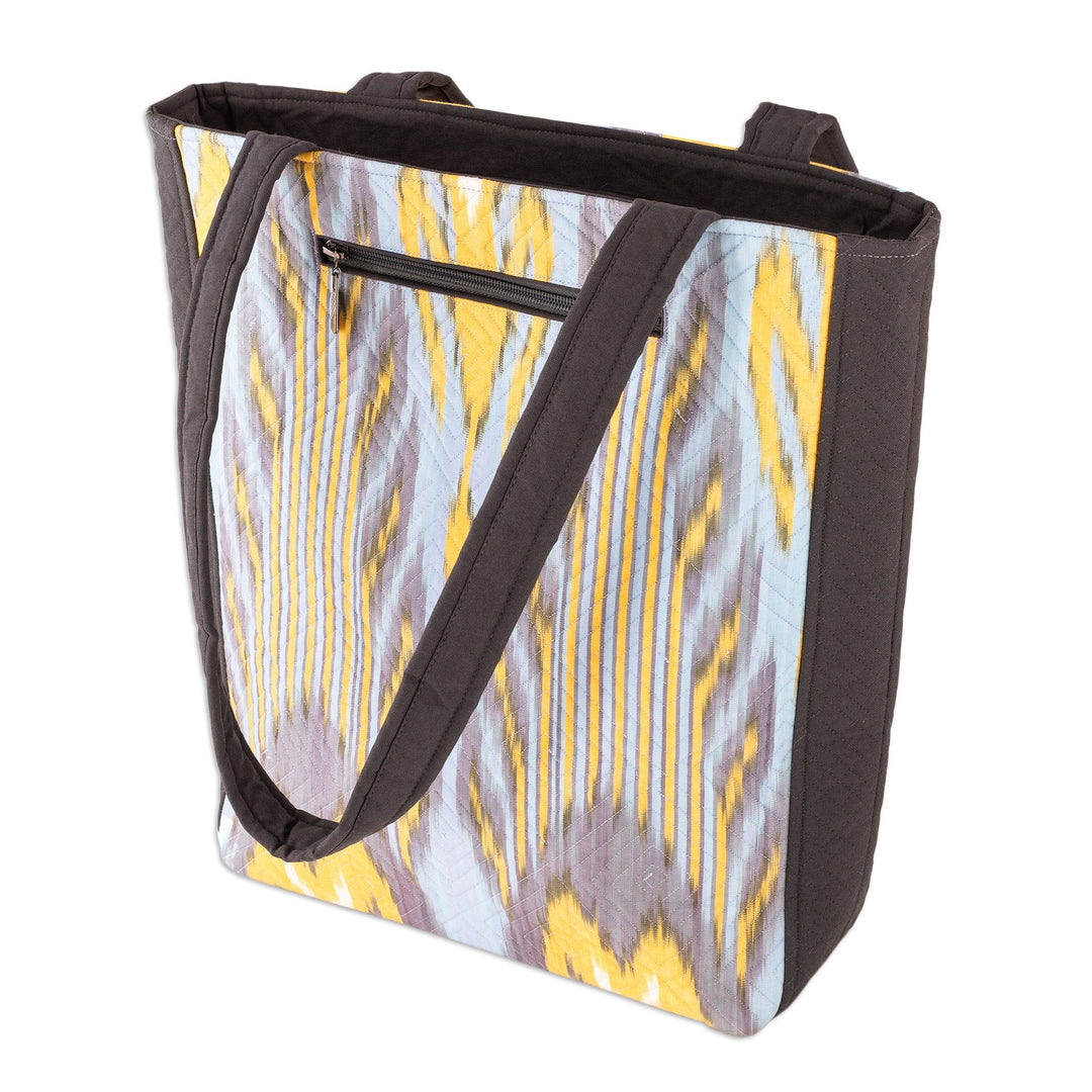 Grey Yellow & Light Blue Traditional Ikat Patterned Tote Bag - Joyfulness