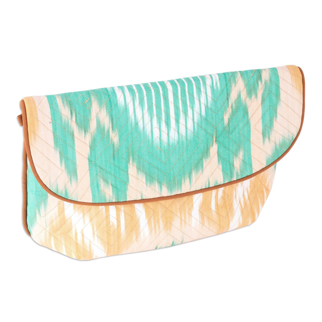 Ikat Cotton Sling Bag in Tan and Aqua with Removable Strap - Dreamy Vibes