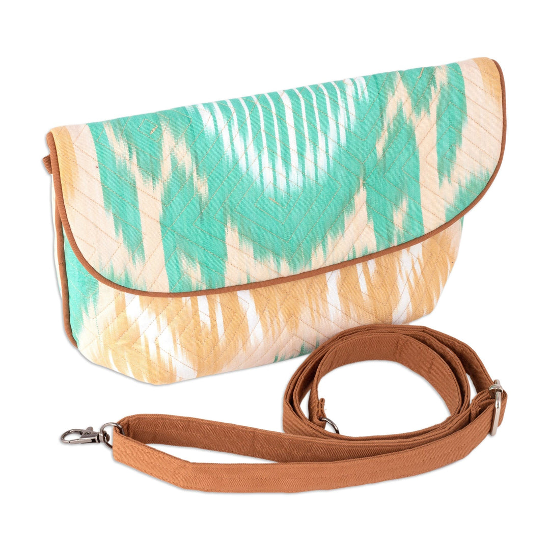 Ikat Cotton Sling Bag in Tan and Aqua with Removable Strap - Dreamy Vibes