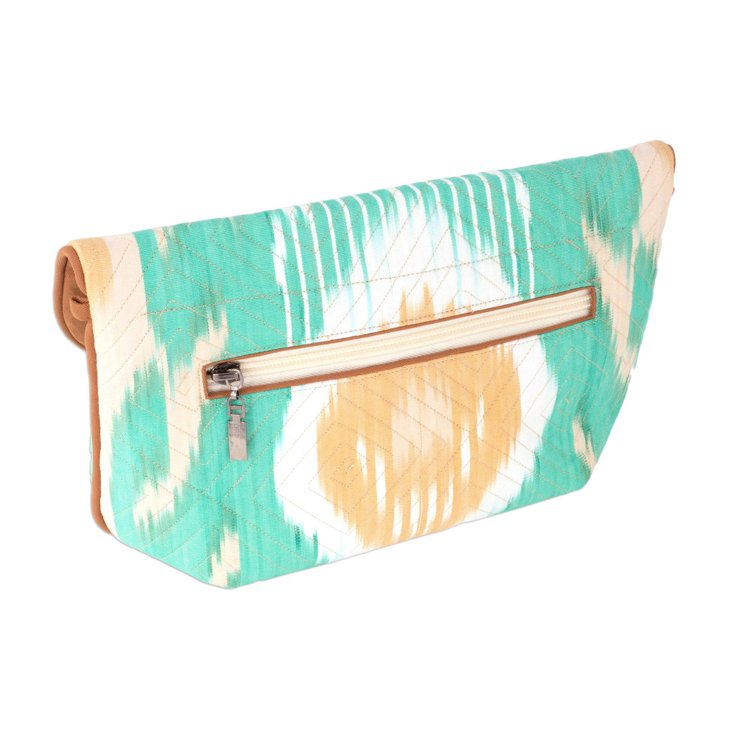 Ikat Cotton Sling Bag in Tan and Aqua with Removable Strap - Dreamy Vibes