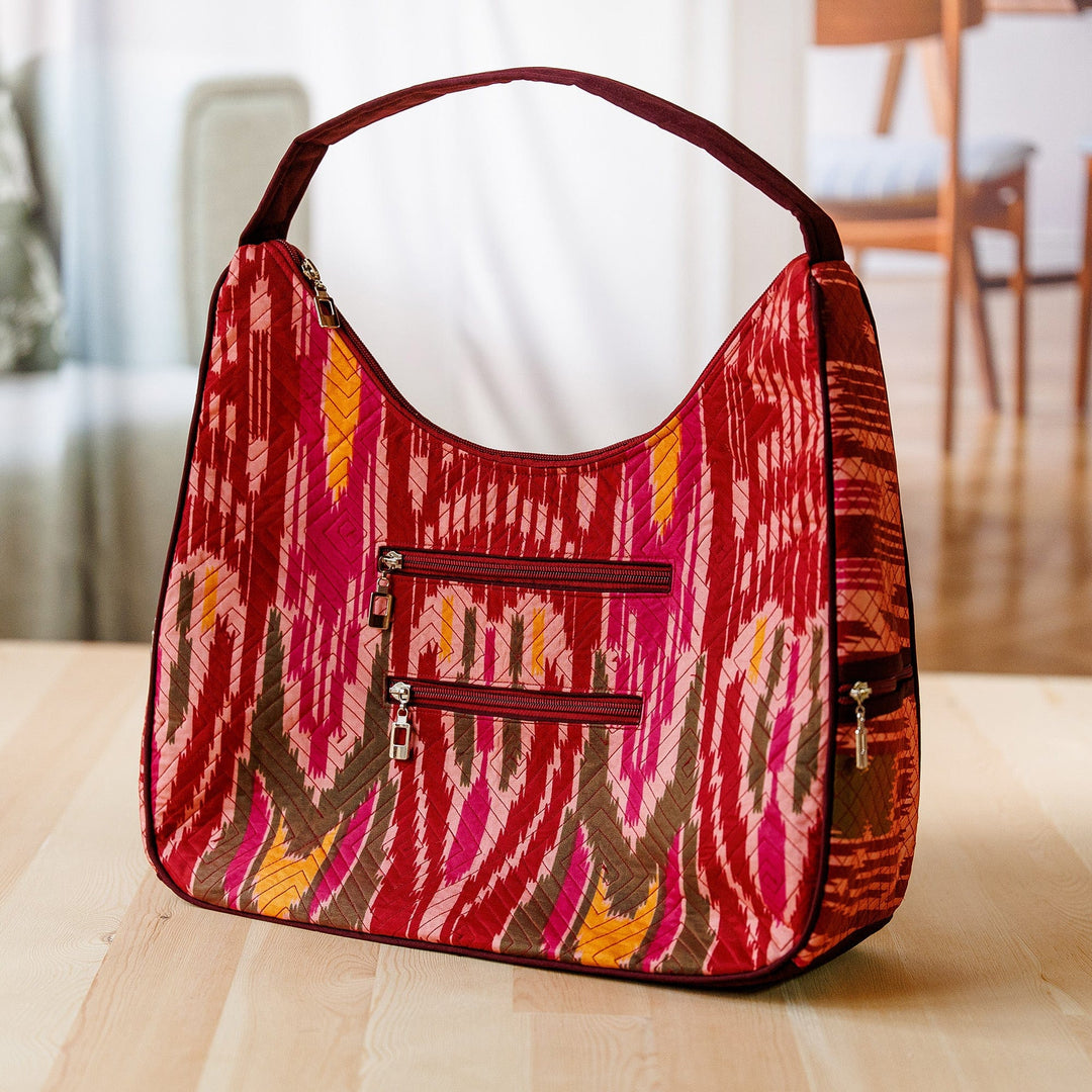 Ikat Shoulder Bag in Fuchsia and Burgundy with 5 Pockets - Magenta Flair