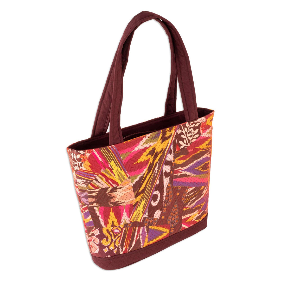 Burgundy Tote Bag with Multicolored Patchwork Ikat Pattern - Exuberance