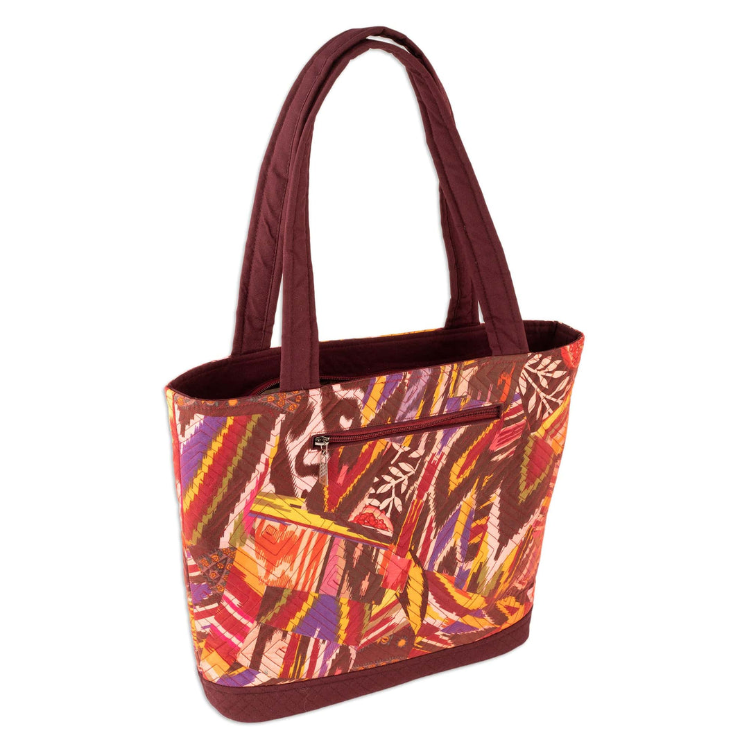 Burgundy Tote Bag with Multicolored Patchwork Ikat Pattern - Exuberance