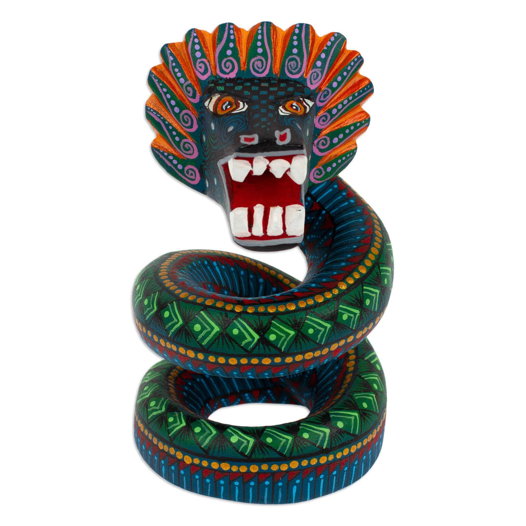 Wood Quetzalcoatl Serpent Figurine Hand-Painted in Mexico - Imposing Quetzalcoatl