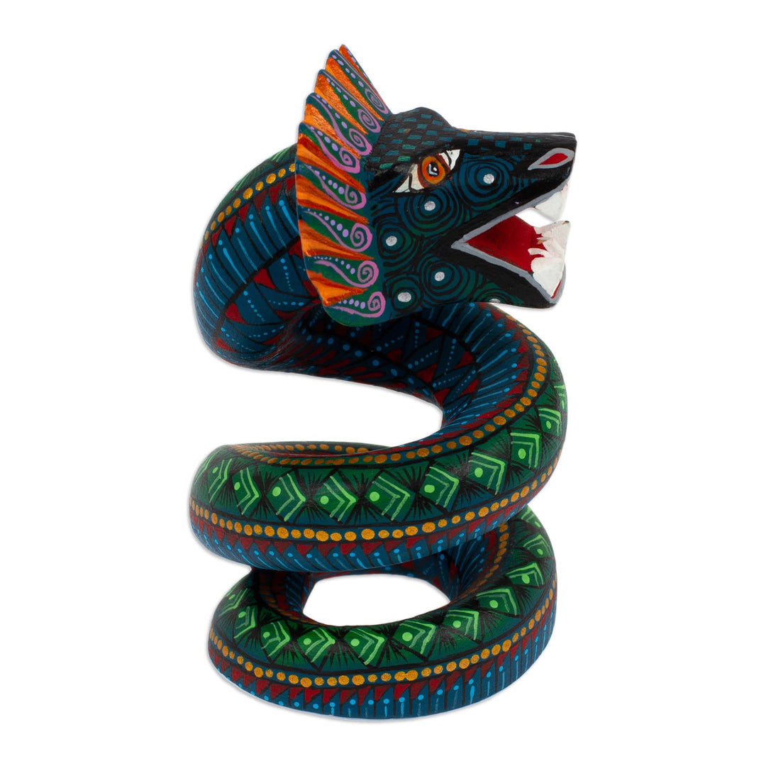 Wood Quetzalcoatl Serpent Figurine Hand-Painted in Mexico - Imposing Quetzalcoatl
