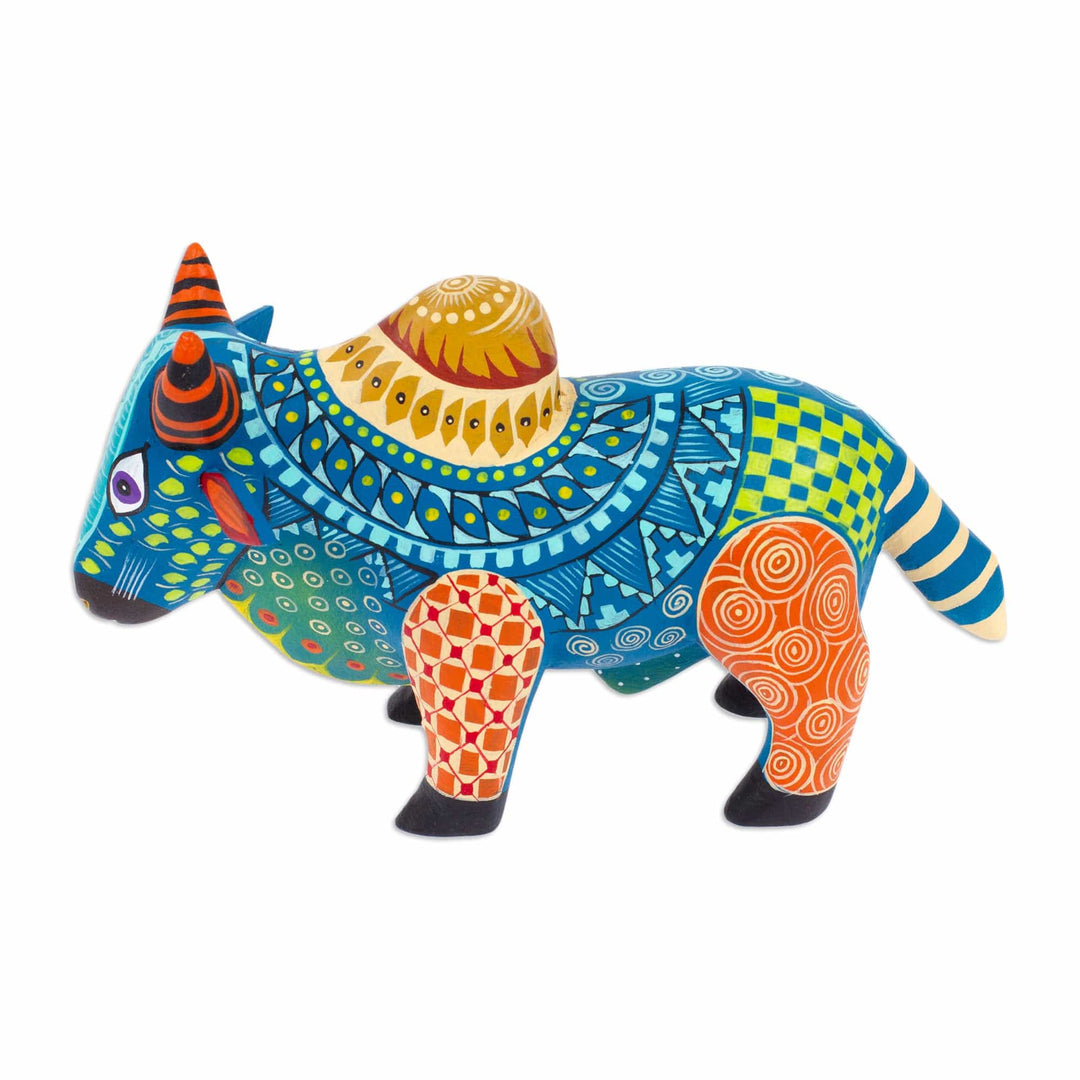Colorful Hand-Painted Mexican Wood Alebrije Bull Figurine - Invincible Bull