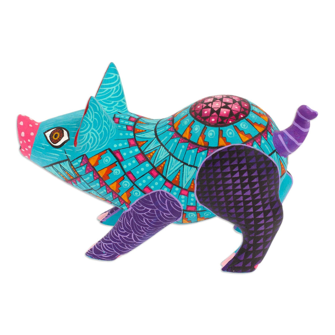 Colorful Wood Alebrije Pig Figurine Hand-Painted in Mexico - Playful Pig