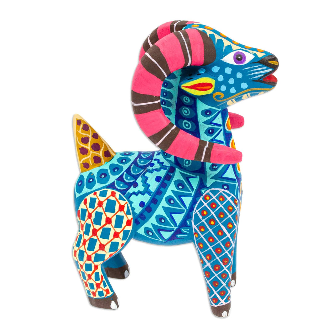 Copal Wood Alebrije Sheep Figurine Hand-Painted in Azure - Magical Sheep