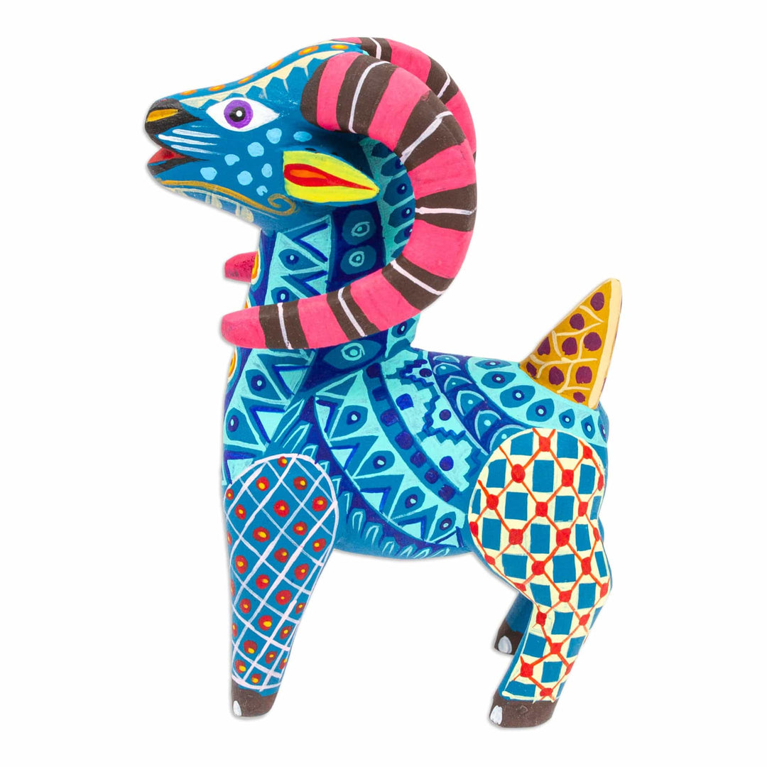 Copal Wood Alebrije Sheep Figurine Hand-Painted in Azure - Magical Sheep
