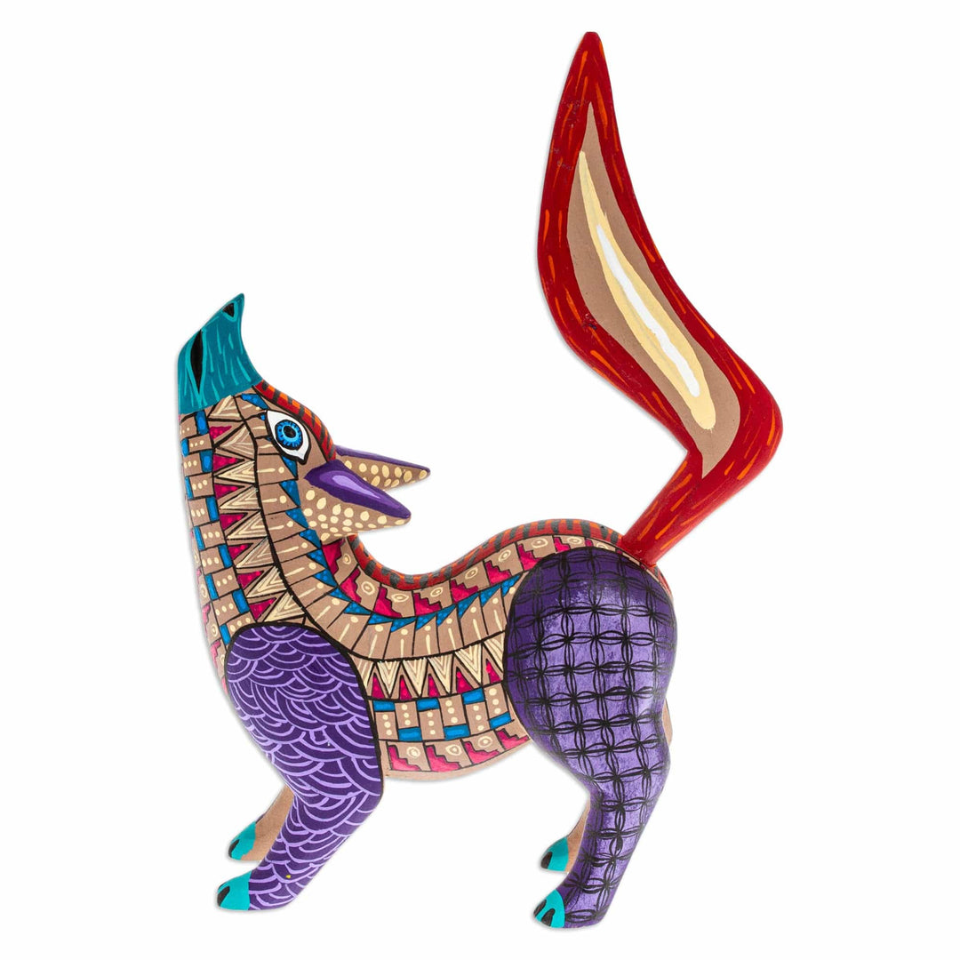 Hand-Painted Copal Wood Alebrije Figurine of Purple Wolf - Wolf Call