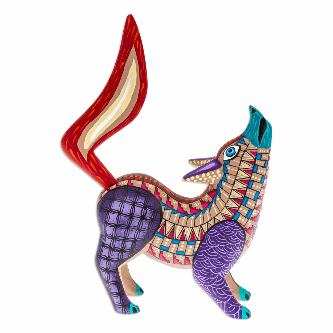 Hand-Painted Copal Wood Alebrije Figurine of Purple Wolf - Wolf Call