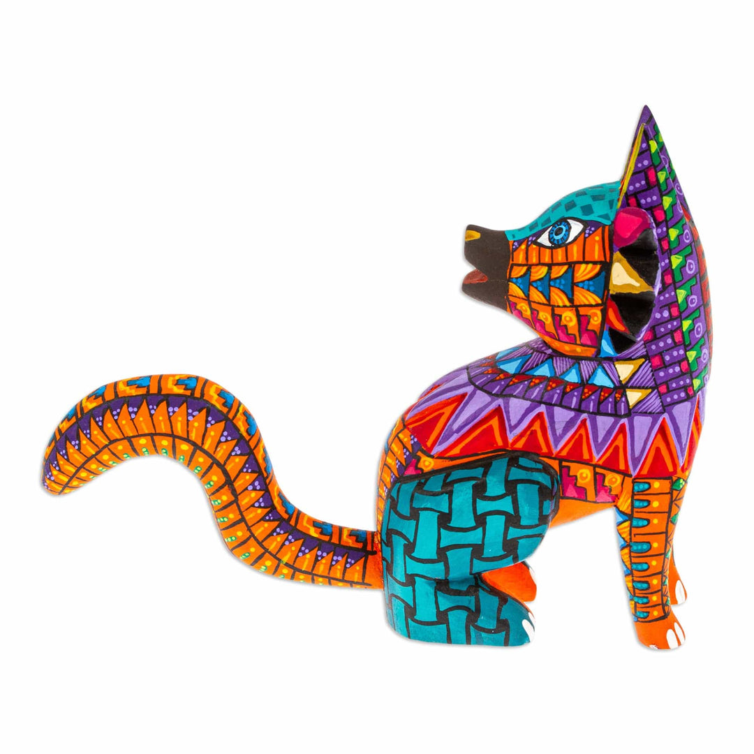 Hand-Painted Colorful Copal Wood Wolf Alebrije Figurine - Leader's Fantasy Fur