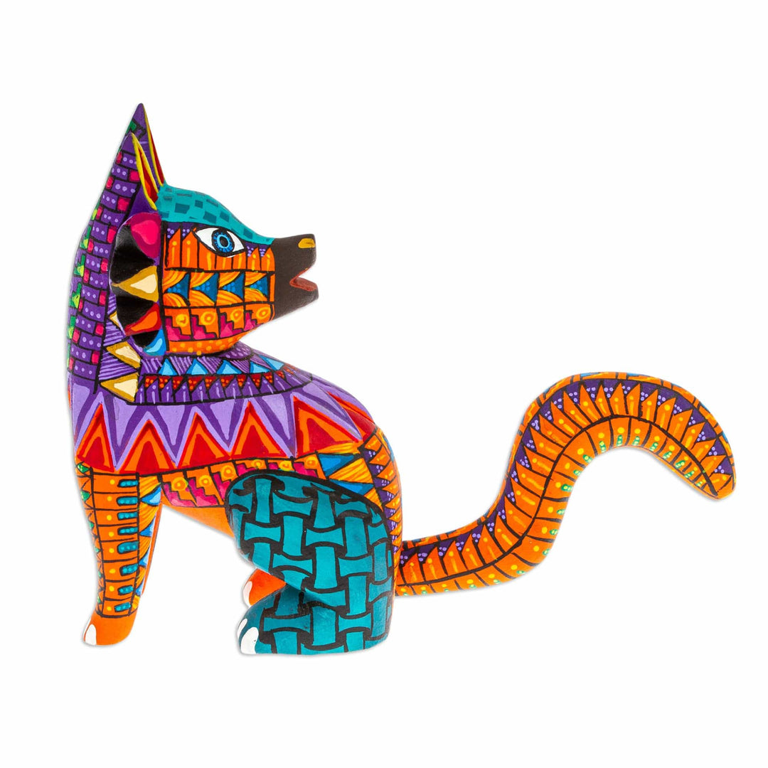 Hand-Painted Colorful Copal Wood Wolf Alebrije Figurine - Leader's Fantasy Fur
