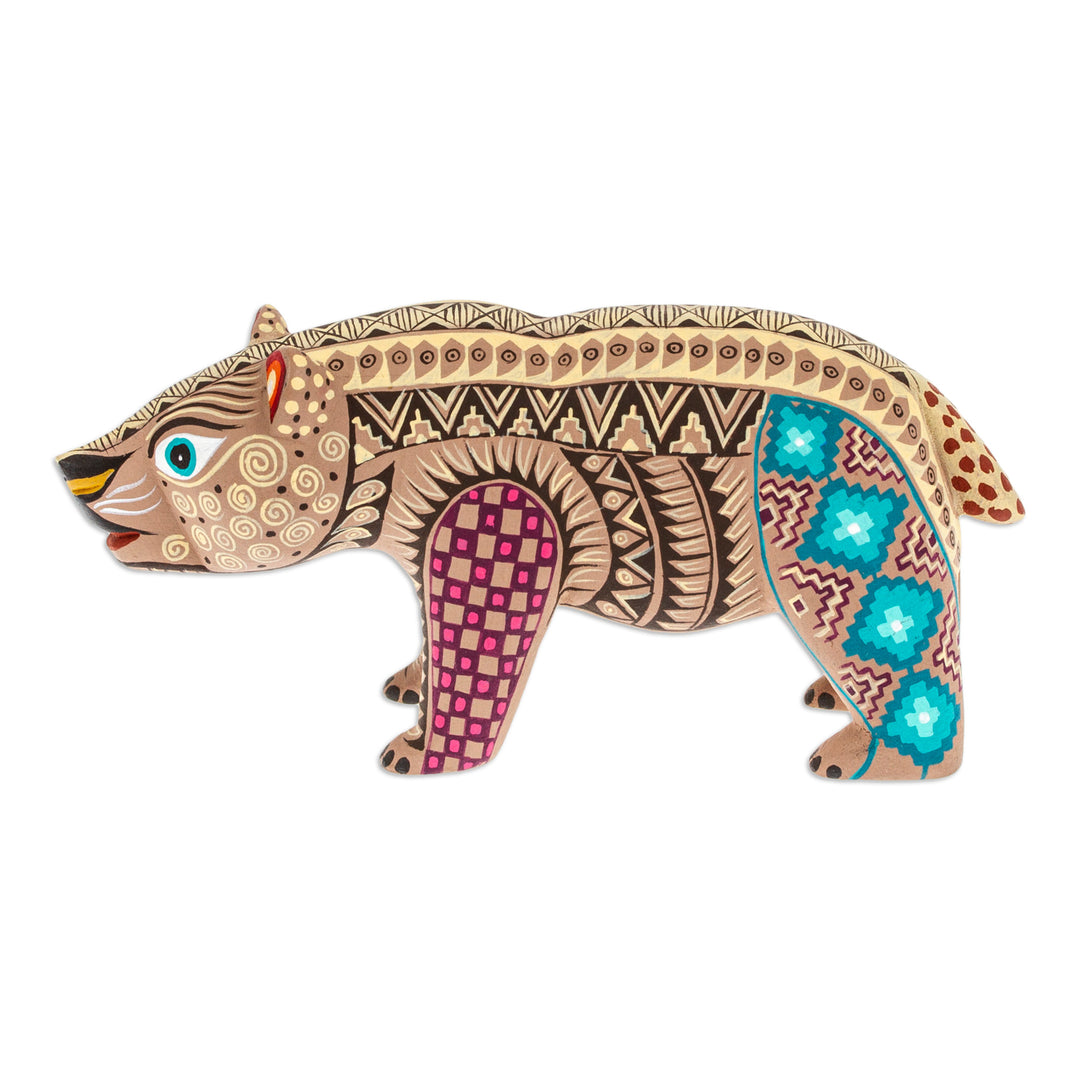 Handmade Geometric Brown Copal Wood Bear Alebrije Figurine - The Noble Master in Brown
