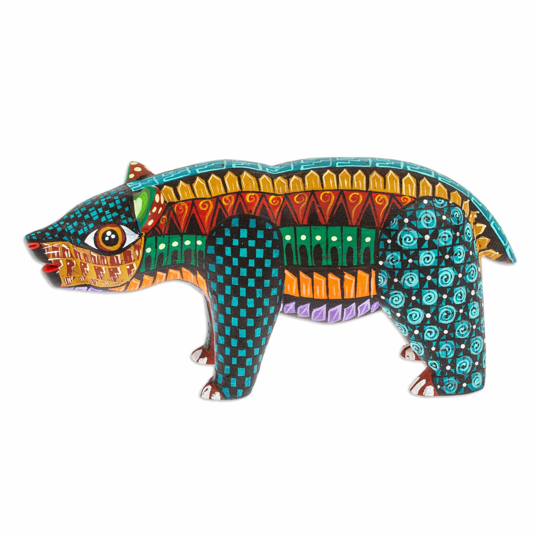 Handmade Geometric Vibrant Copal Wood Bear Alebrije Figurine - The Noble Master in Dreams