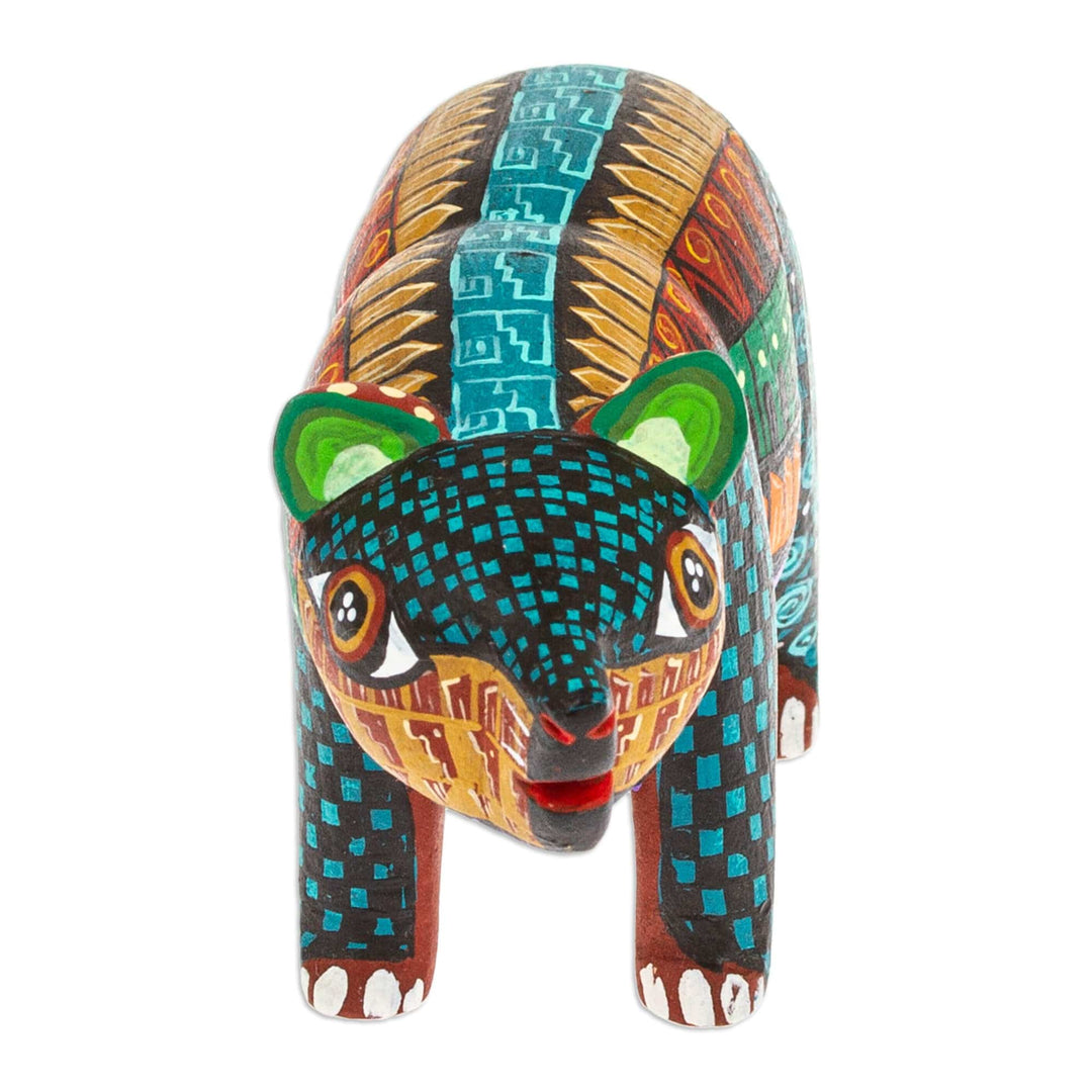 Handmade Geometric Vibrant Copal Wood Bear Alebrije Figurine - The Noble Master in Dreams