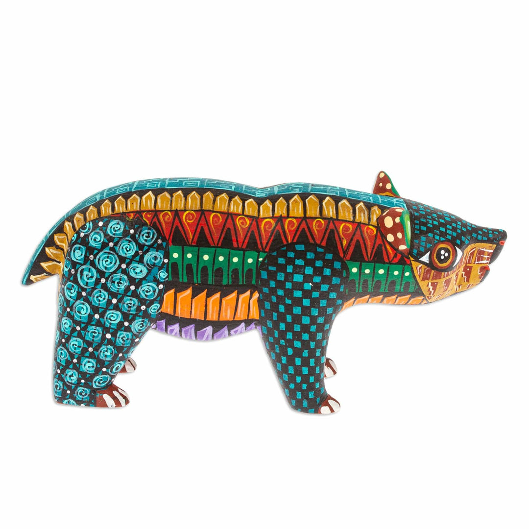 Handmade Geometric Vibrant Copal Wood Bear Alebrije Figurine - The Noble Master in Dreams