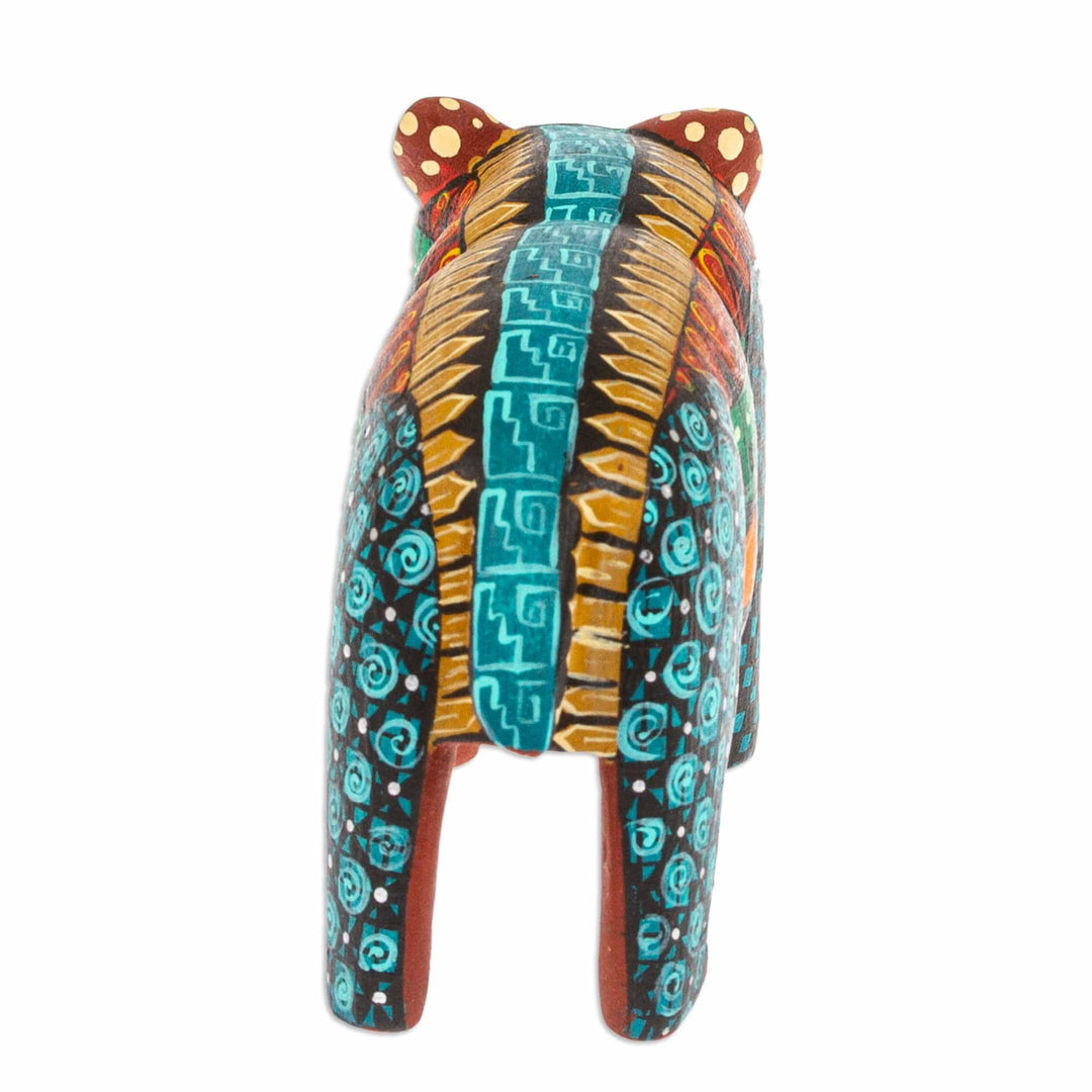Handmade Geometric Vibrant Copal Wood Bear Alebrije Figurine - The Noble Master in Dreams