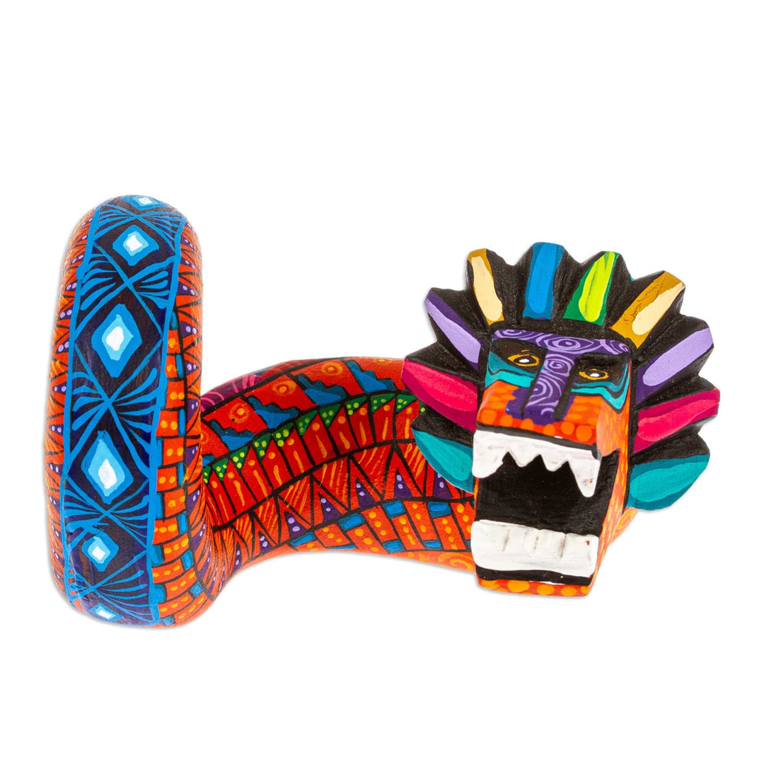 Painted Orange and Blue Quetzalcoatl Copal Wood Figurine - Orange Quetzalcoatl Spirit