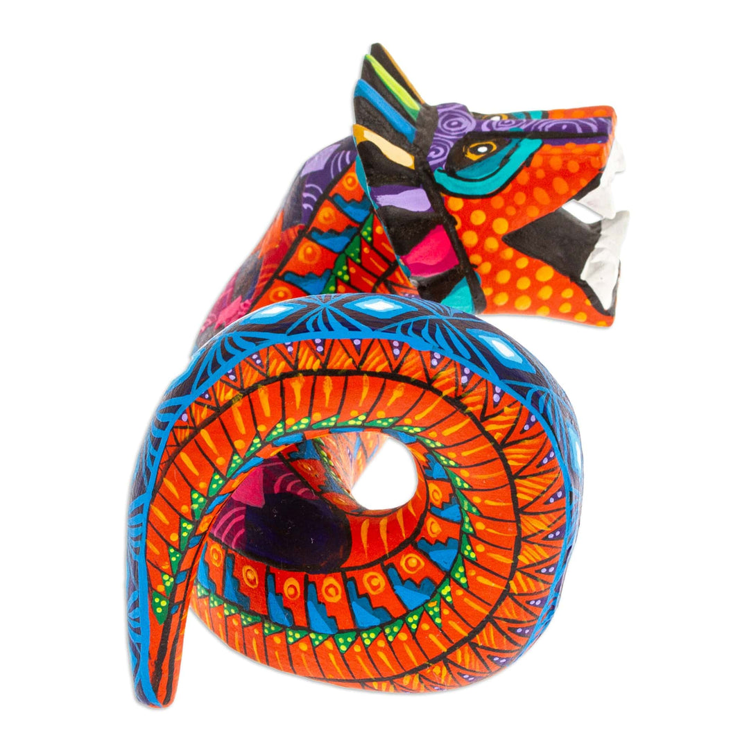 Painted Orange and Blue Quetzalcoatl Copal Wood Figurine - Orange Quetzalcoatl Spirit