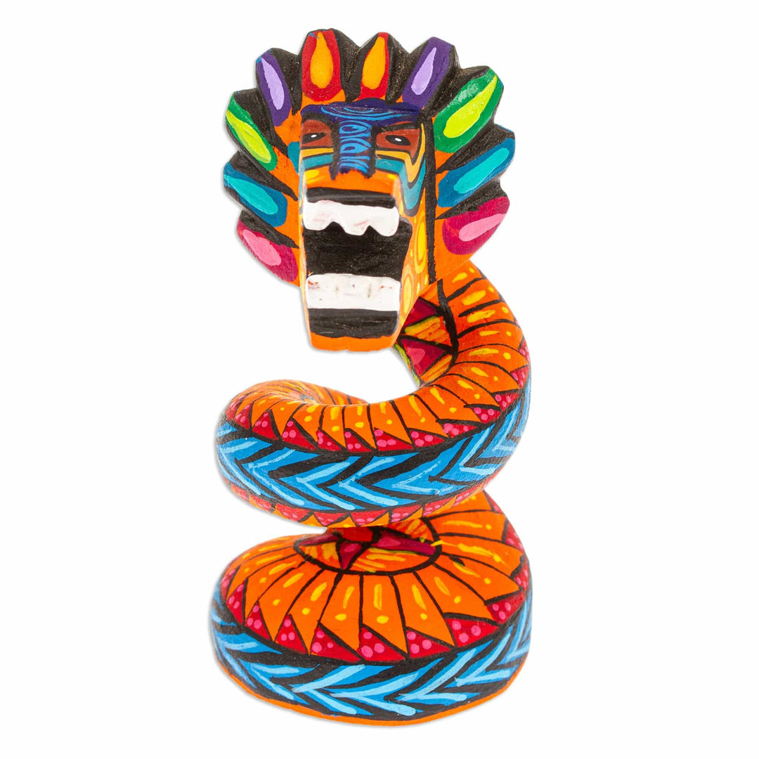 Copal Wood Quetzalcoatl Serpent Figurine Painted in Orange - Glorious Quetzalcoatl