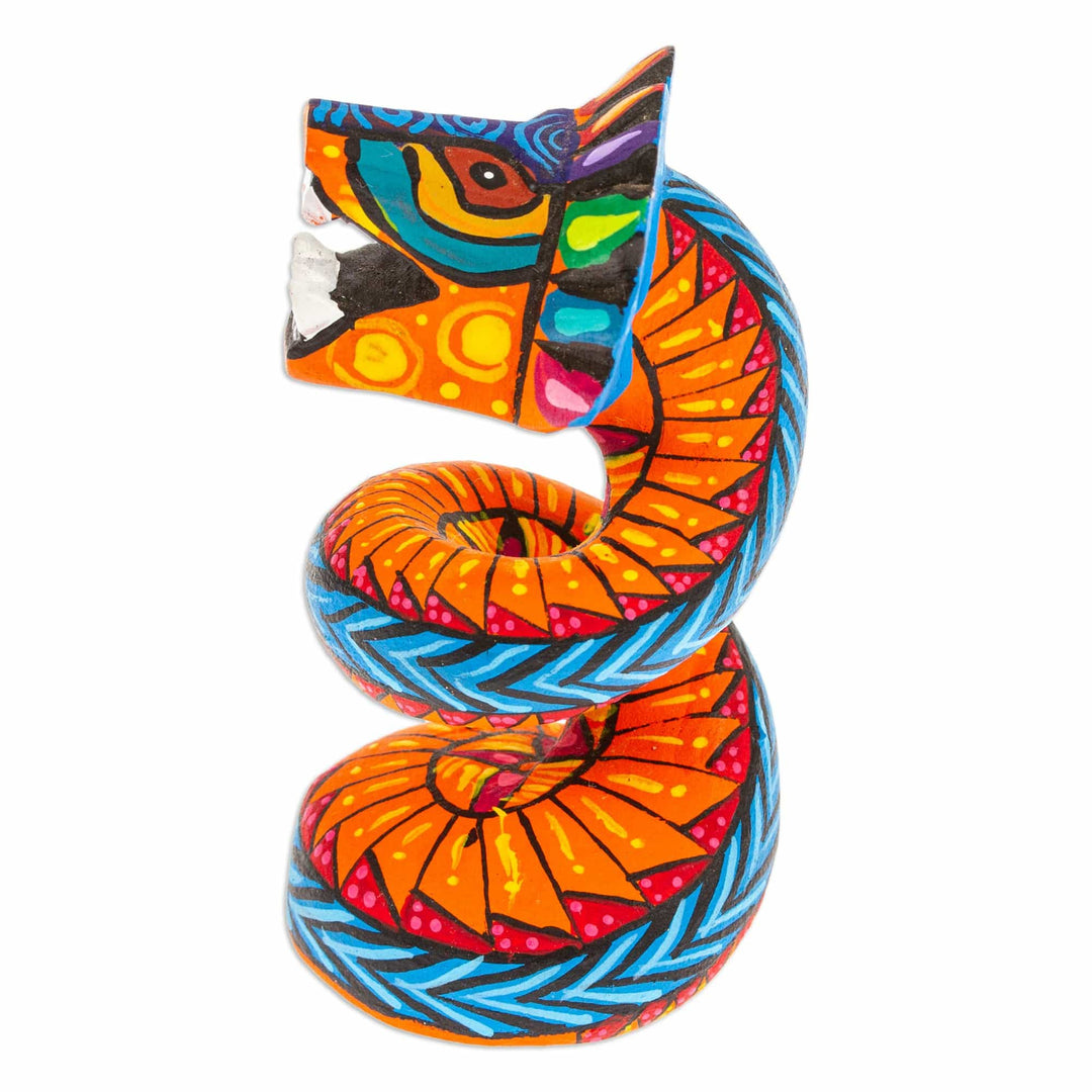 Copal Wood Quetzalcoatl Serpent Figurine Painted in Orange - Glorious Quetzalcoatl