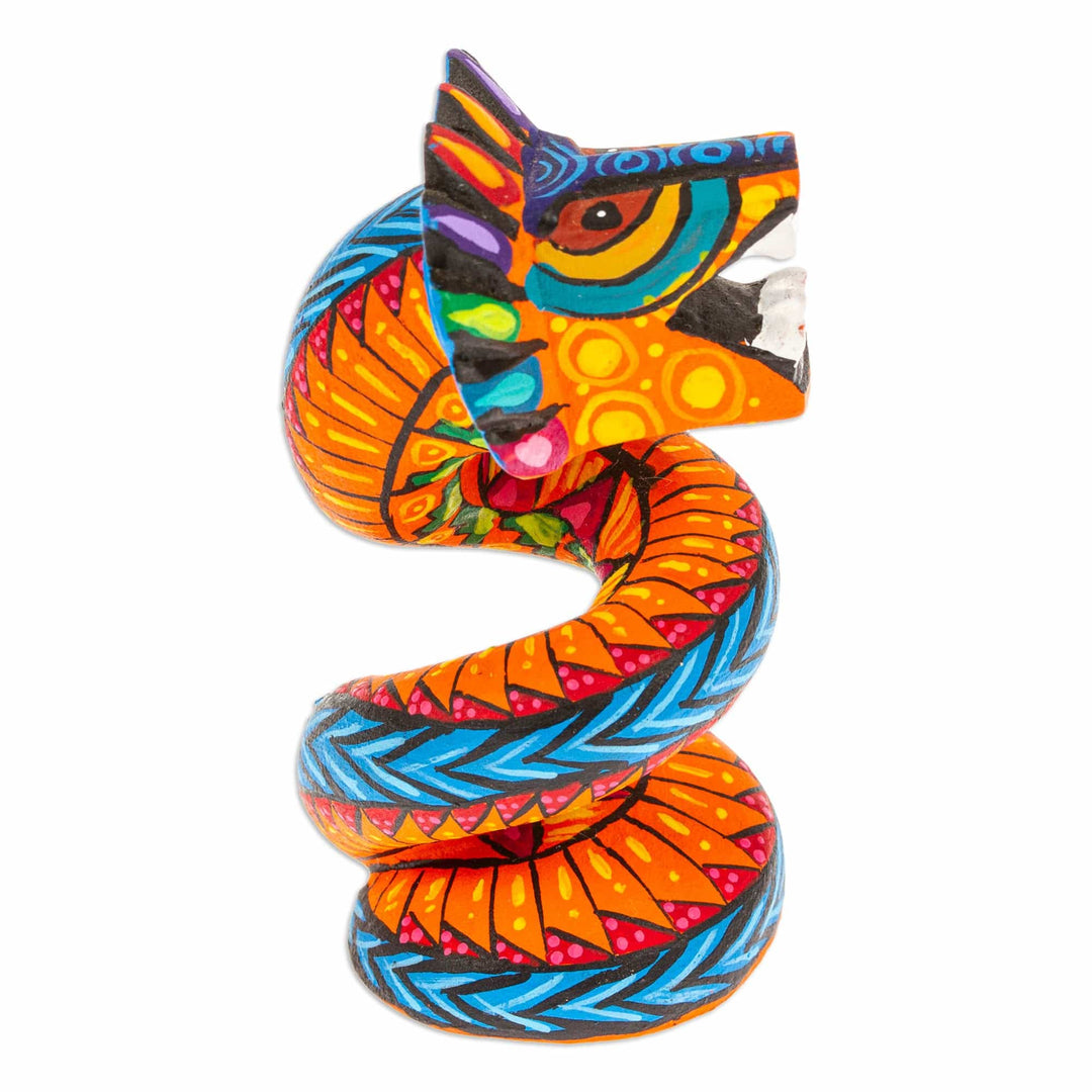 Copal Wood Quetzalcoatl Serpent Figurine Painted in Orange - Glorious Quetzalcoatl