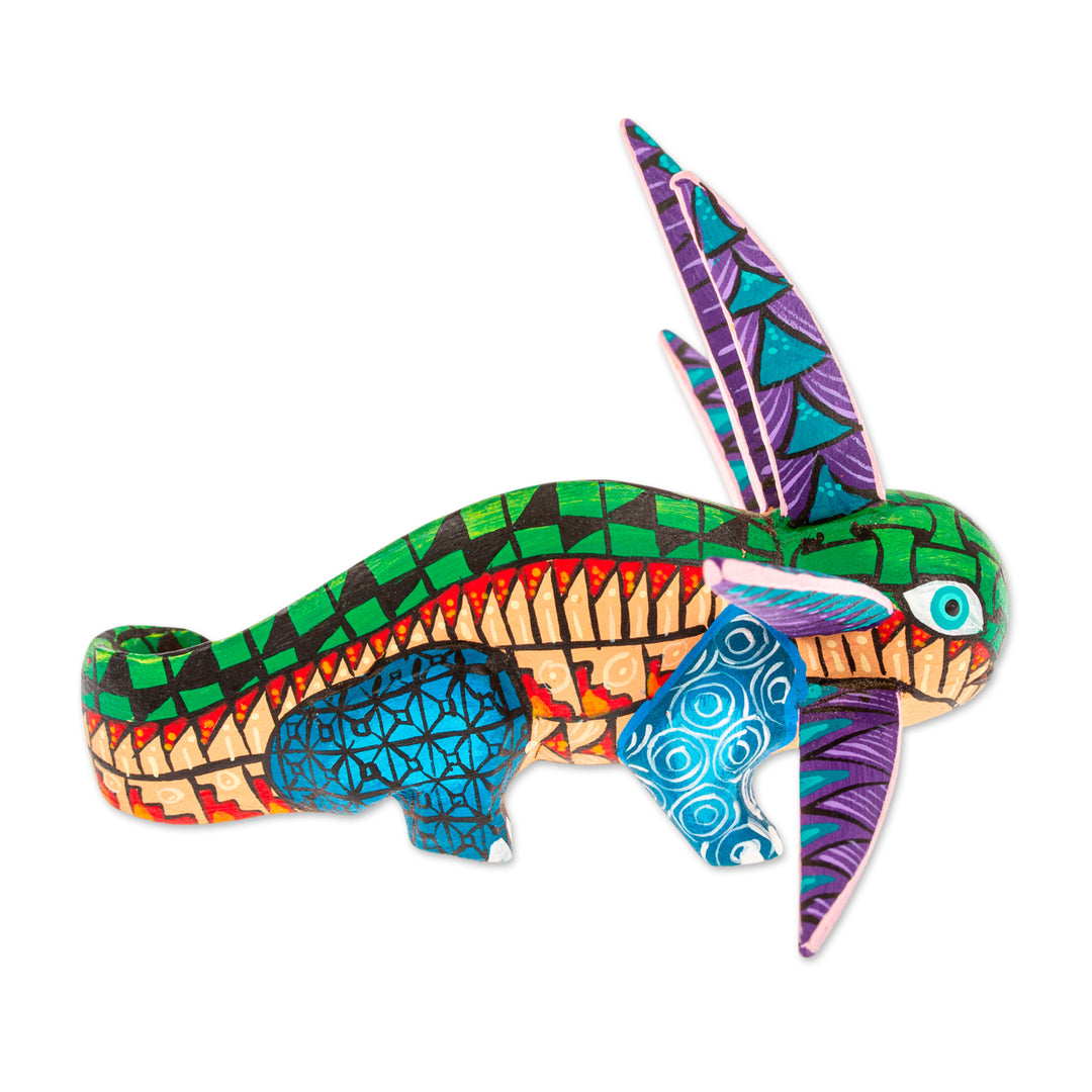 Wood Alebrije Axolotl Figurine Painted in Green and Blue - Jungle Axolotl