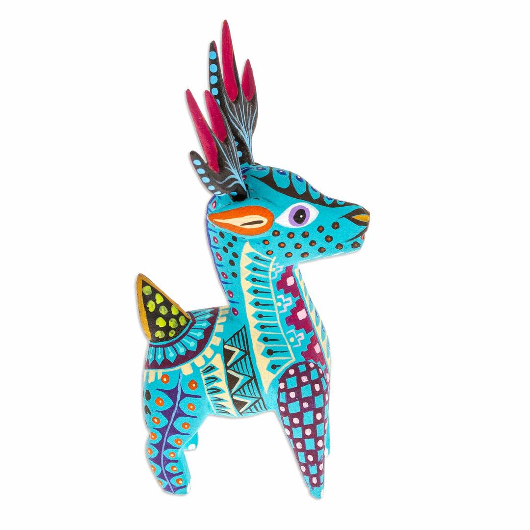 Copal Wood Alebrije Deer Figurine Painted in Turquoise Hues - Charming Turquoise Deer