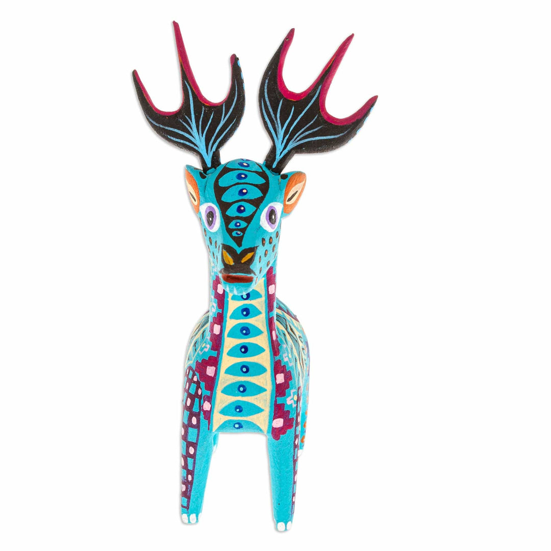 Copal Wood Alebrije Deer Figurine Painted in Turquoise Hues - Charming Turquoise Deer