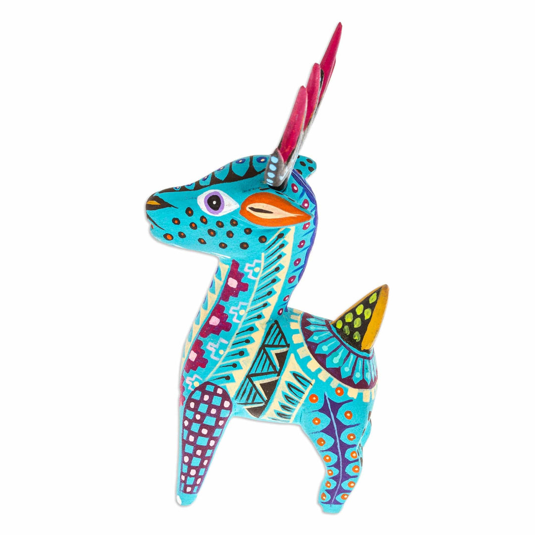 Copal Wood Alebrije Deer Figurine Painted in Turquoise Hues - Charming Turquoise Deer