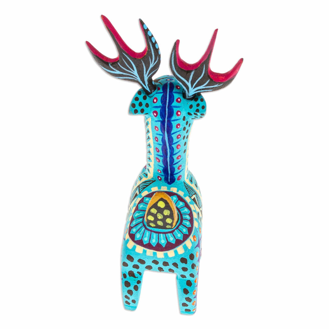 Copal Wood Alebrije Deer Figurine Painted in Turquoise Hues - Charming Turquoise Deer