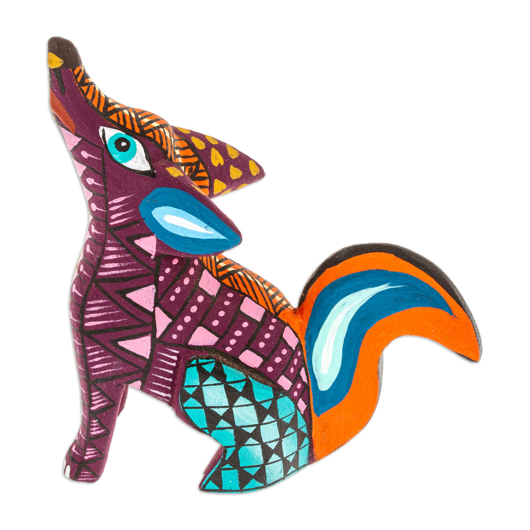 Copal Wood Alebrije Coyote Figurine Hand-Painted in Purple - Fantasy Coyote