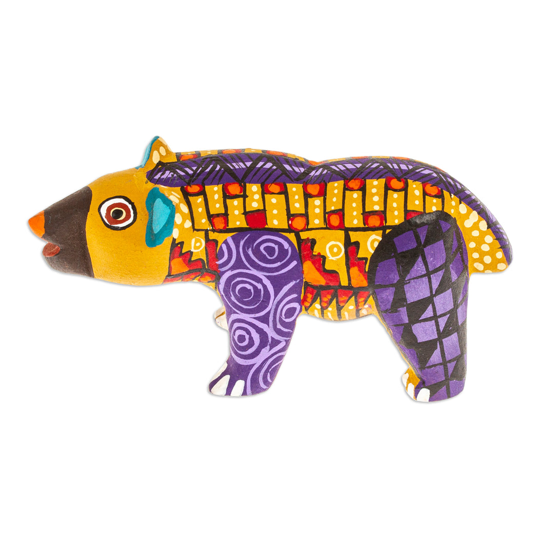 Handmade Geometric Yellow Copal Wood Bear Alebrije Figurine - The Noble Master in Yellow