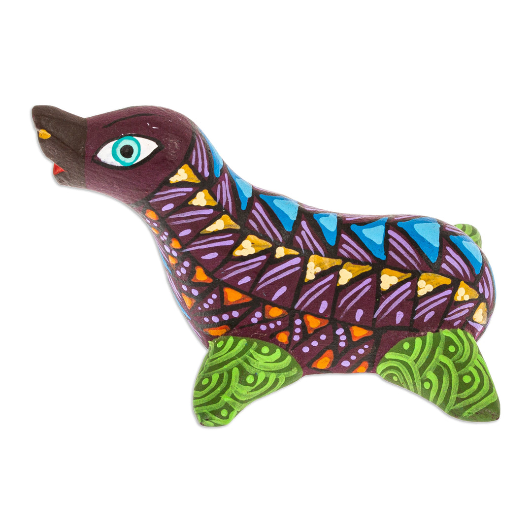 Traditional Alebrije Copal Wood Figurine of Purple Seal - Seal in the Purple Sea