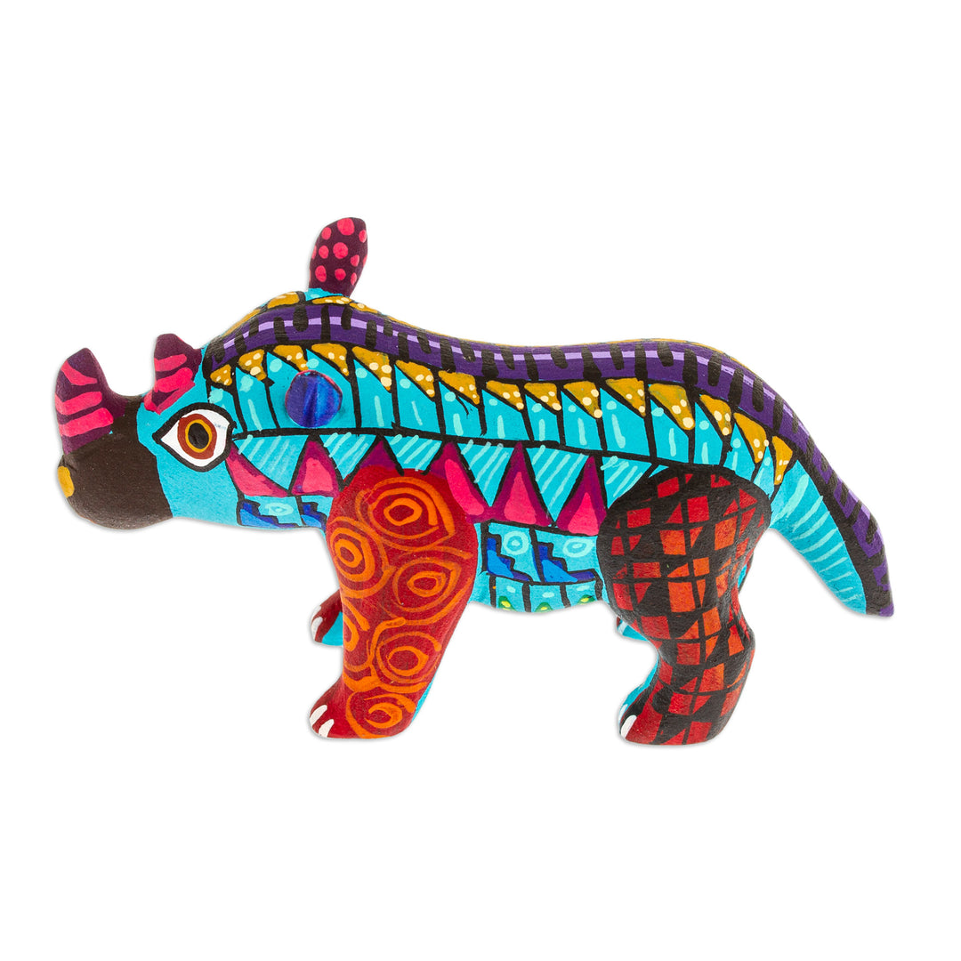 Alebrije Rhino Copal Wood Figurine Painted in Aquamarine - Aquamarine Rhino
