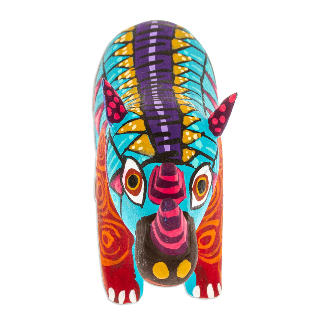 Alebrije Rhino Copal Wood Figurine Painted in Aquamarine - Aquamarine Rhino