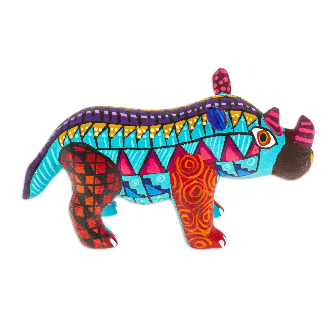 Alebrije Rhino Copal Wood Figurine Painted in Aquamarine - Aquamarine Rhino