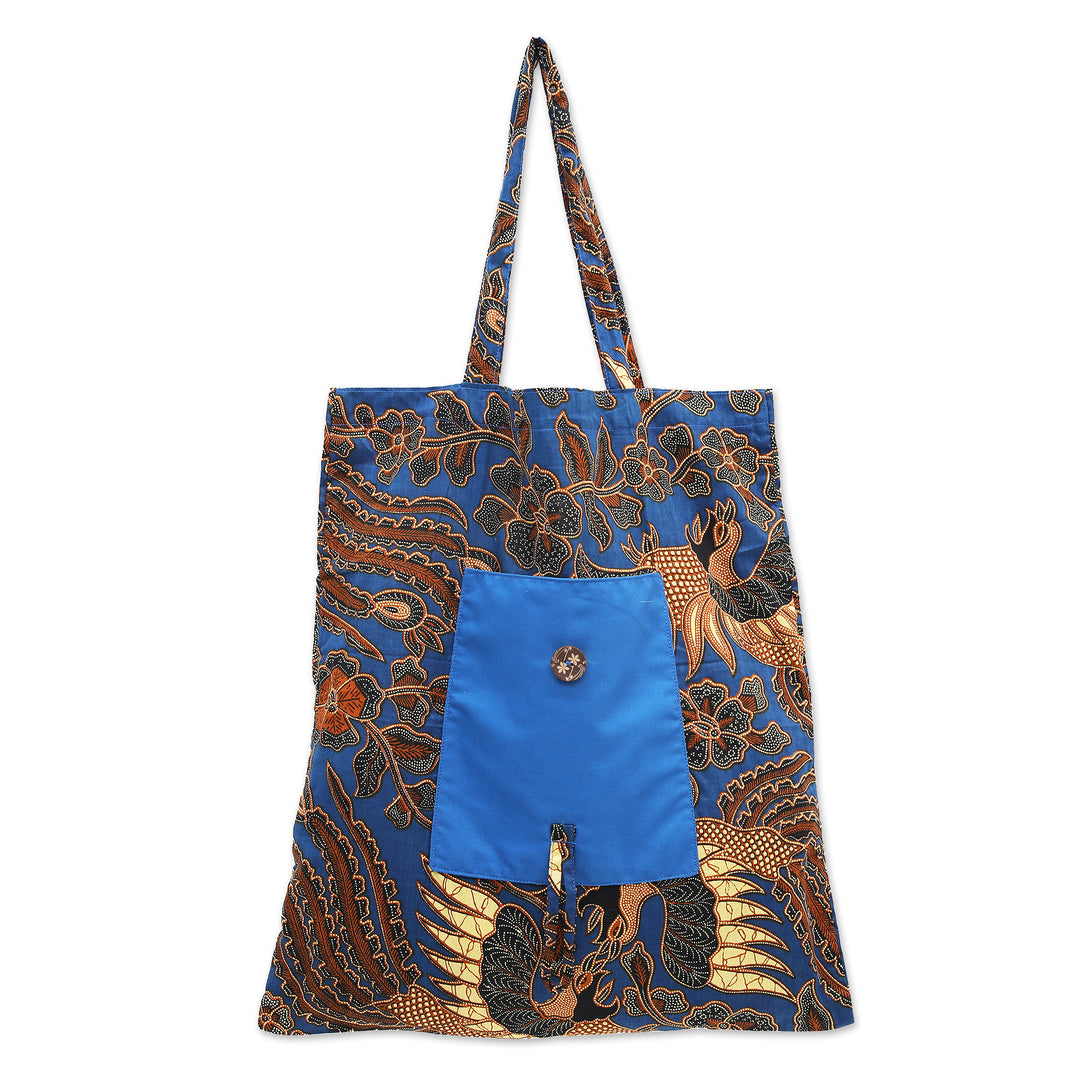 Cotton Foldable Tote Bag with Blue and Golden Batik Motifs - Blitar's Waters