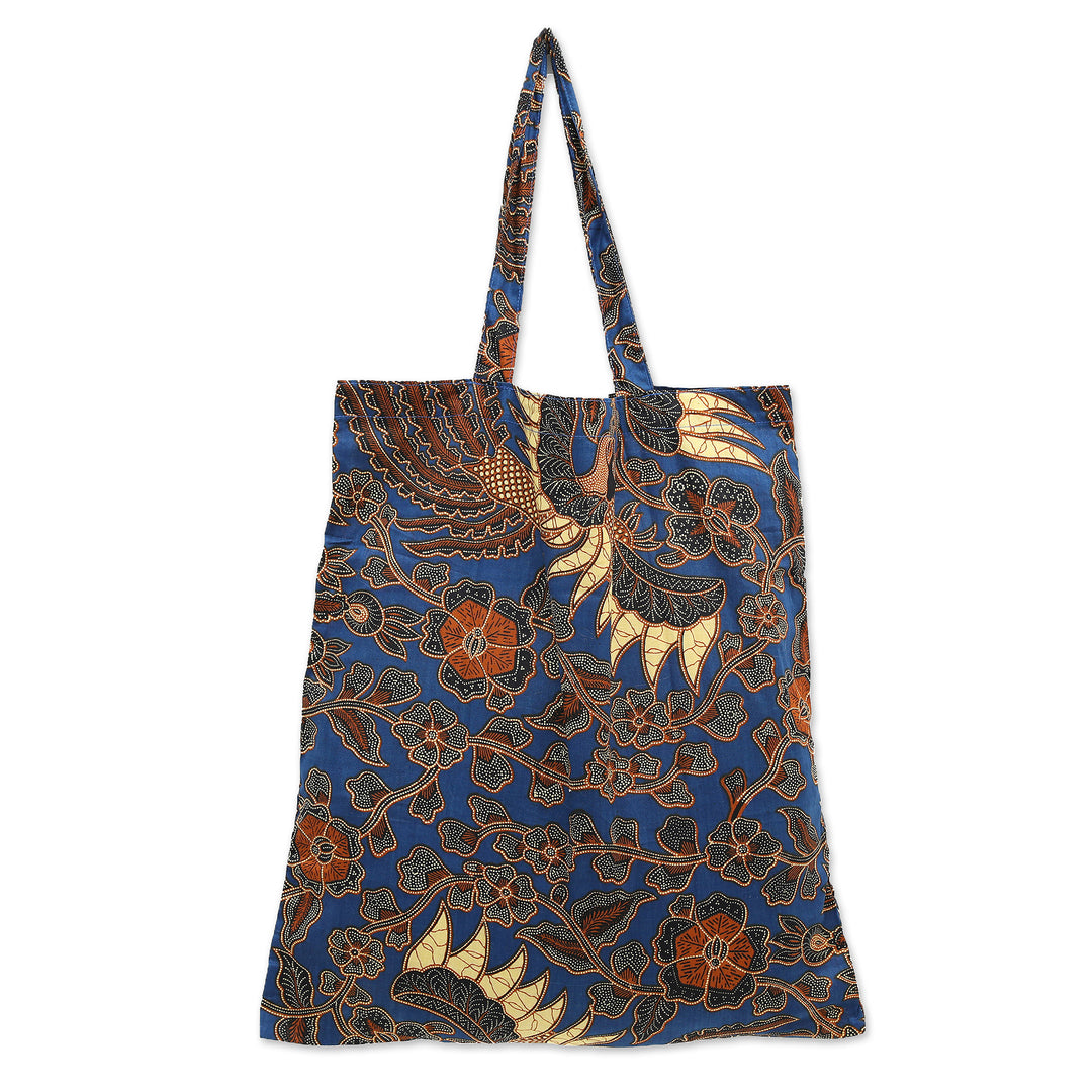 Cotton Foldable Tote Bag with Blue and Golden Batik Motifs - Blitar's Waters