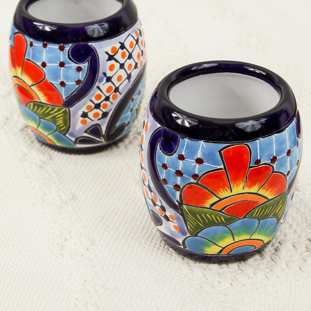 Handmade Talavera Ceramic Juice Glasses from Mexico (Pair) - Raining Flowers
