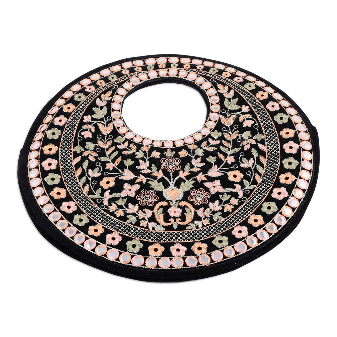 Floral Embroidered Black Faux Velvet Handbag in Bright Hues - Jaipur Paradise