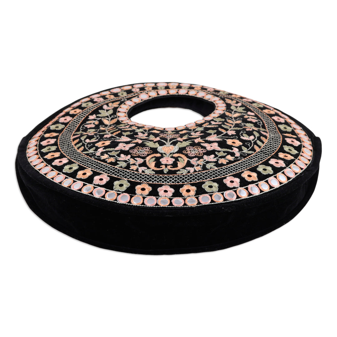 Floral Embroidered Black Faux Velvet Handbag in Bright Hues - Jaipur Paradise