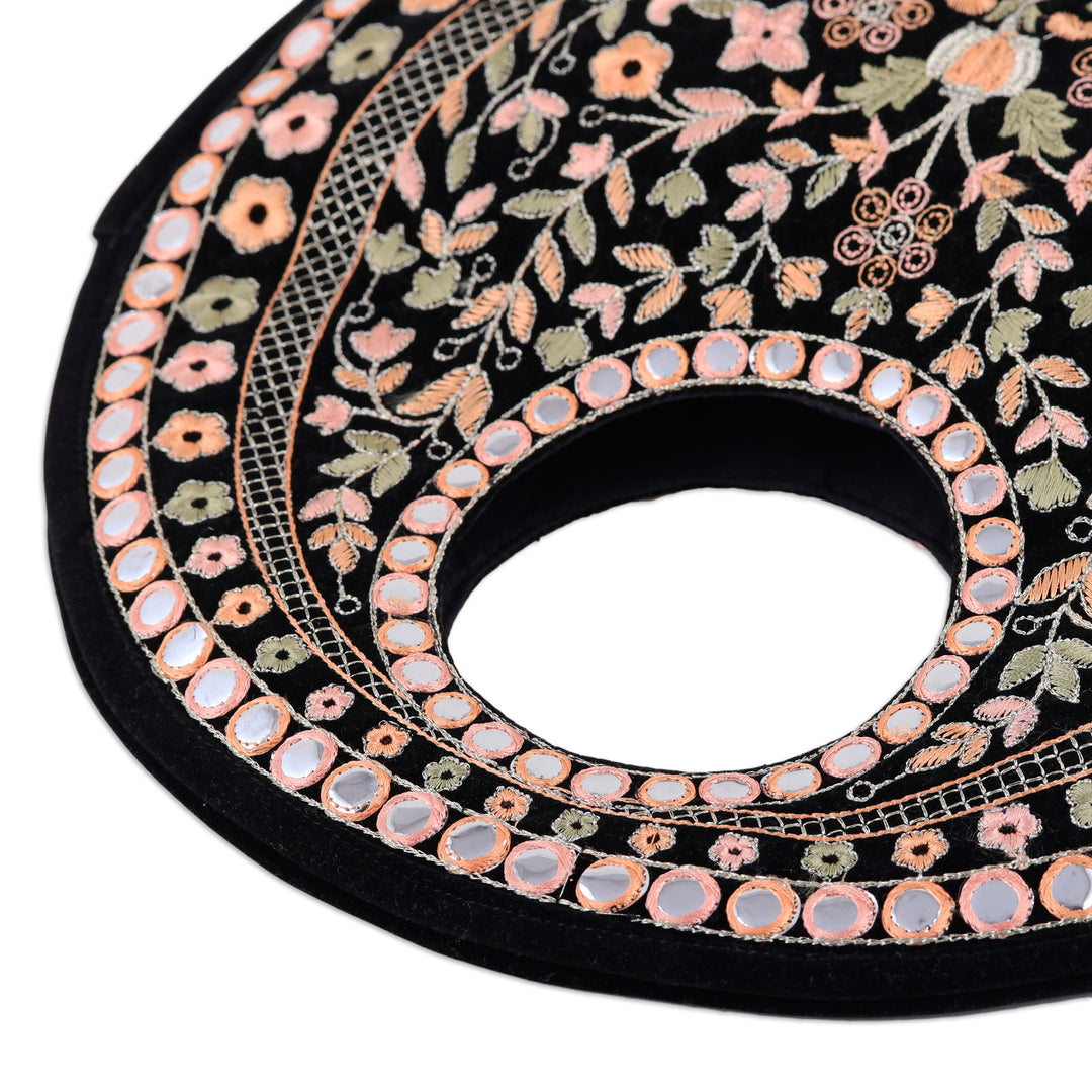 Floral Embroidered Black Faux Velvet Handbag in Bright Hues - Jaipur Paradise