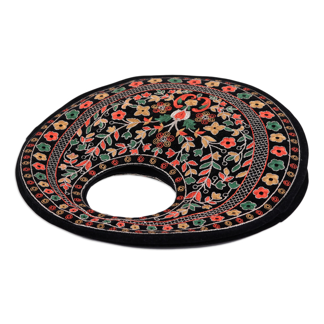 Floral Embroidered Black Faux Velvet Handbag in Vibrant Hues - Jaipur Eden